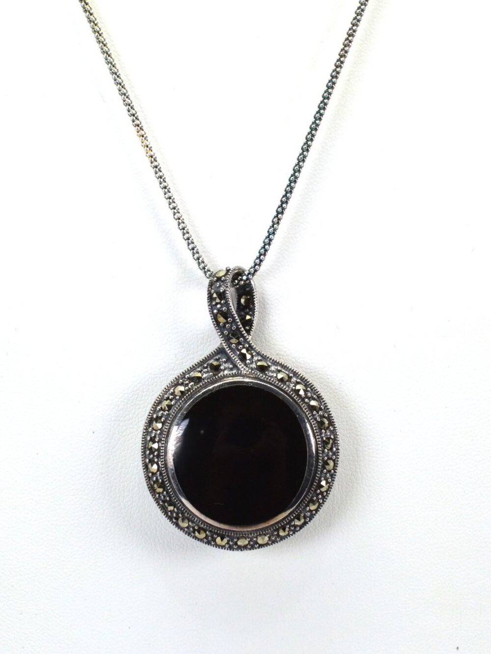 Sterling Silver Marcasite Black Onyx Reversible Pendant and Necklace